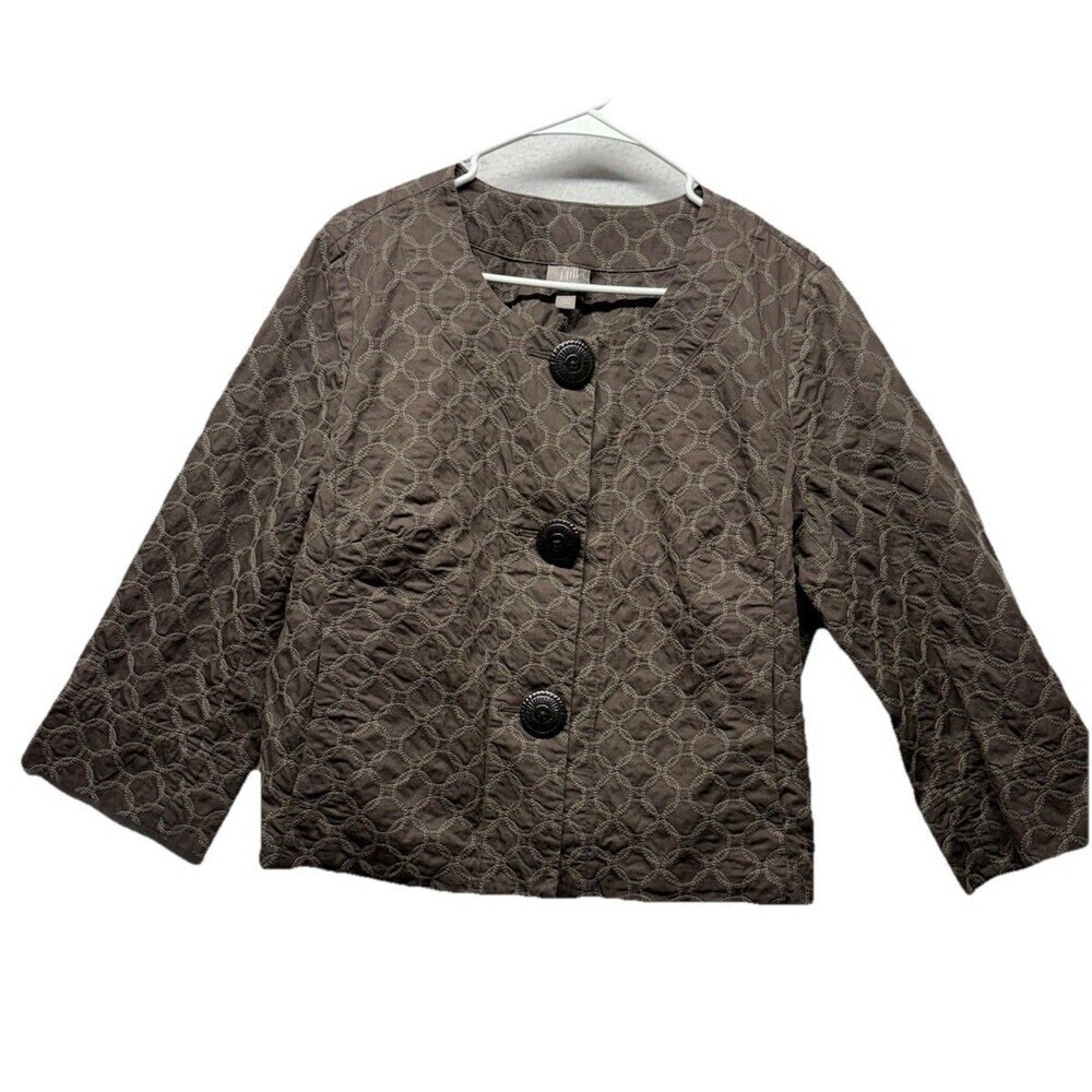 J Jill Brown Blazer Jacket Large Petite LP Pockets Embroidery Geometric Button